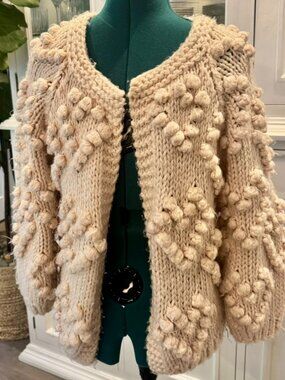 Chicwish Cream Pom Pom Bobble Hand Open Front Chunky Cardigan Sweater